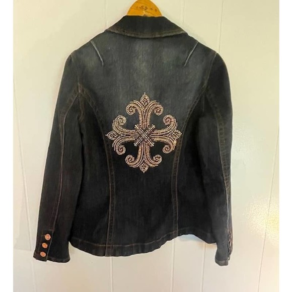 Vintage Christina V Denim Button Front Blazer‎ Jacket Studded Cross 2 Size Small - Picture 1 of 5